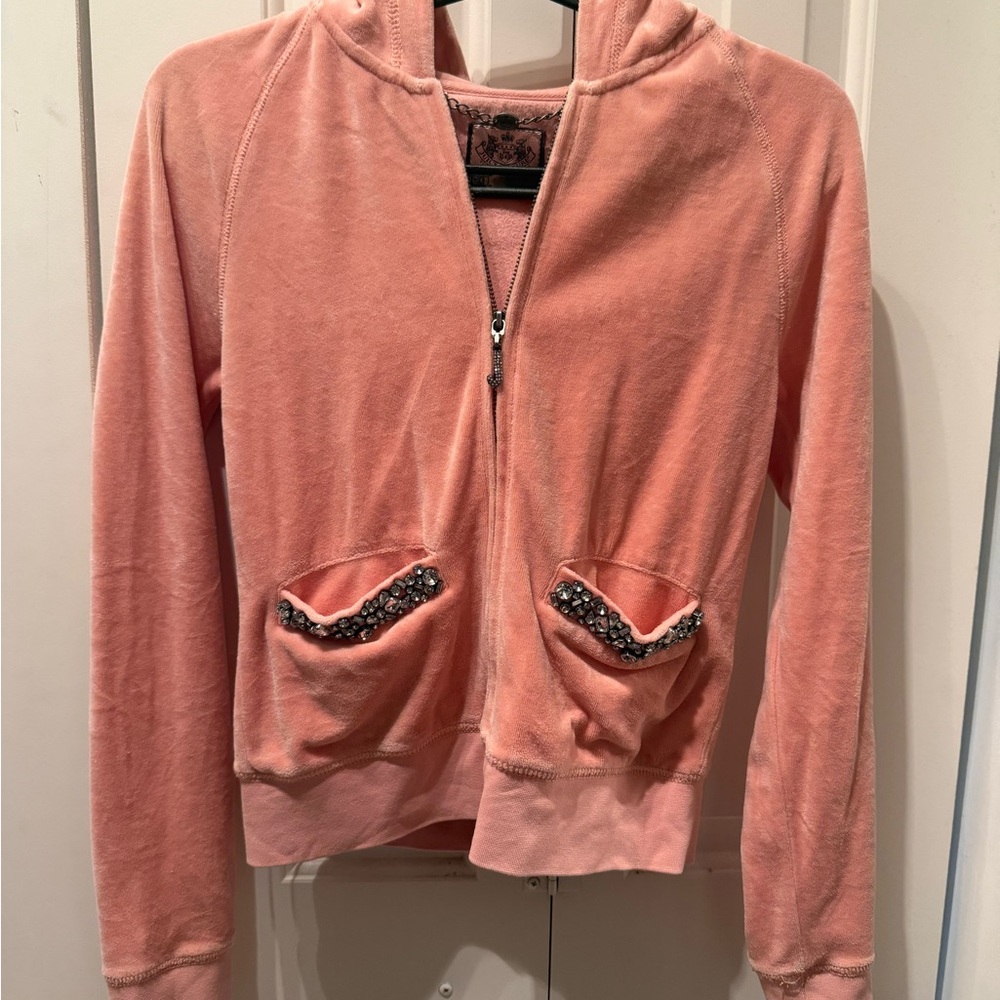Juicy Couture Pink Jeweled velour Hoodie jacket with Embellished Pockets